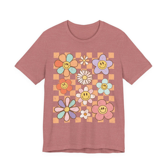Retro Checkered Flower Garden T-Shirt