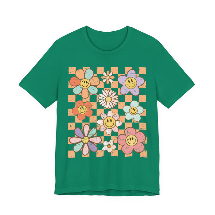 Retro Checkered Flower Garden T-Shirt