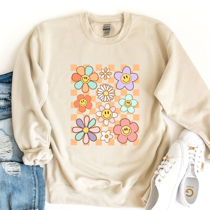 Retro Checkered Flower Garden Sweatshirt