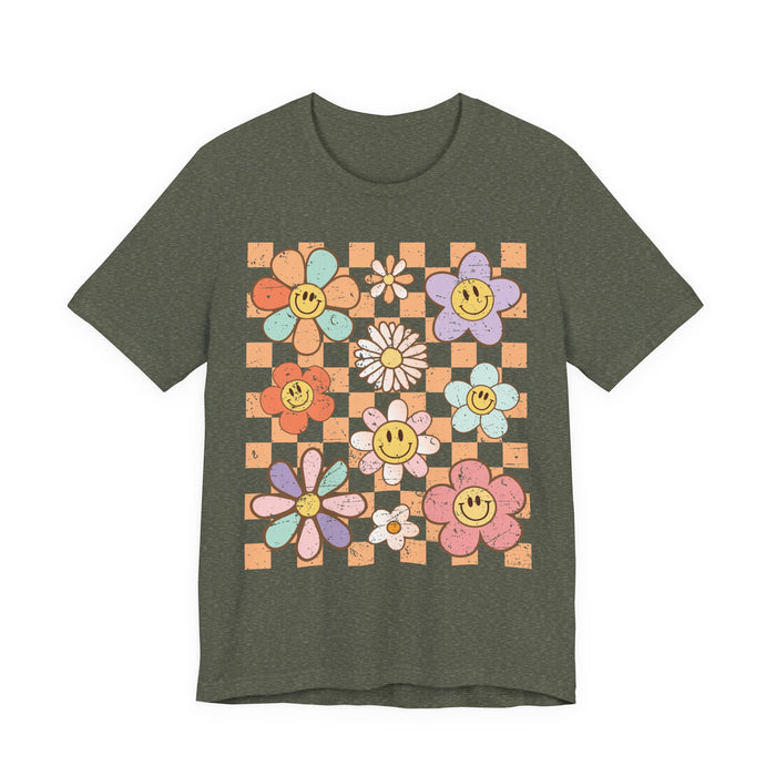 Retro Checkered Flower Garden T-Shirt