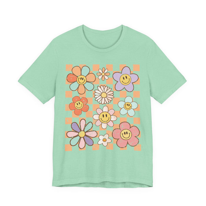 Retro Checkered Flower Garden T-Shirt