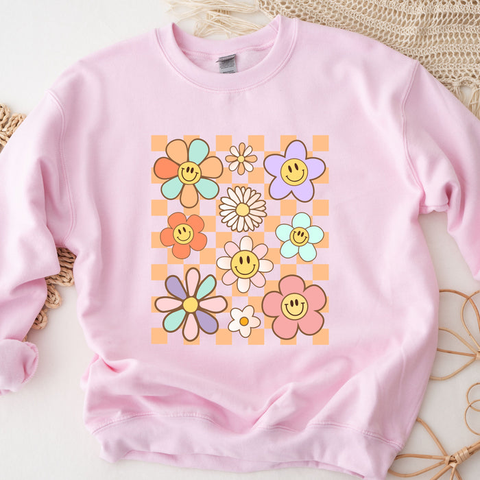 Retro Checkered Flower Garden Sweatshirt