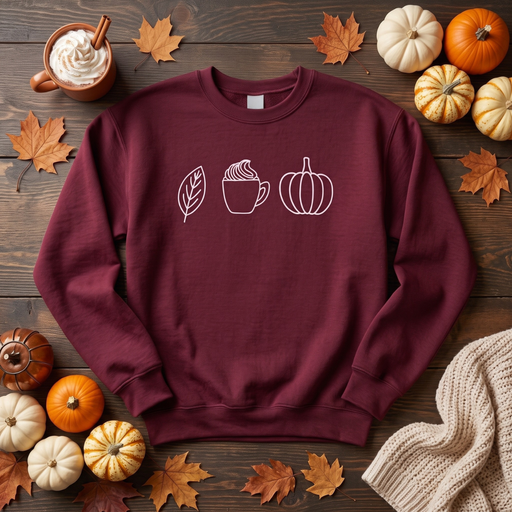 A burgundy crewneck sweatshirt with a white line-art graphic of a leaf, a hot cocoa cup, and a pumpkin, laid flat on a dark wood background surrounded by autumn leaves, pumpkins, a mug of whipped drink, and a knitted blanket.
