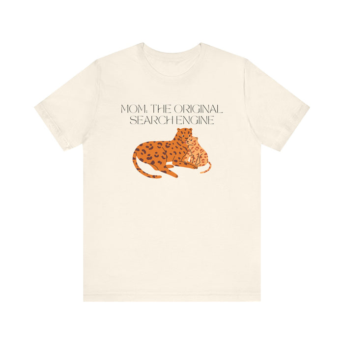 Beige t-shirt with a graphic of a leopard and text on a white background