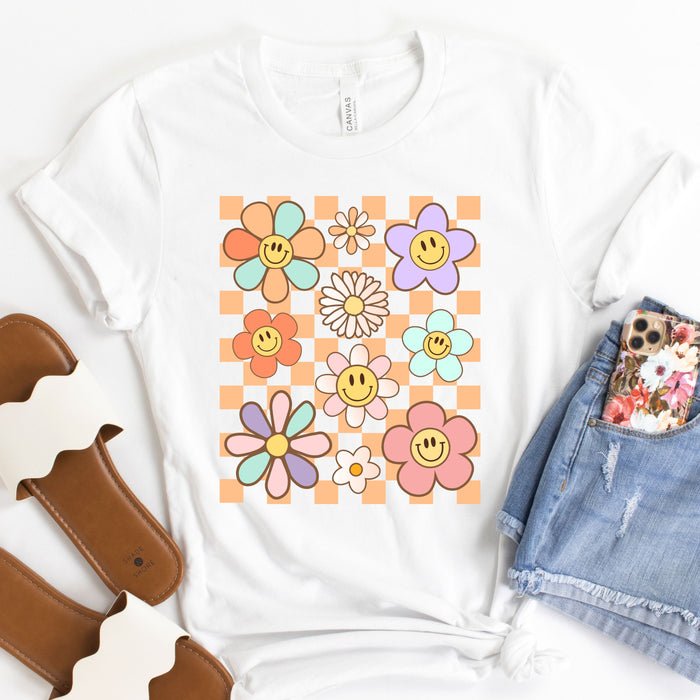 Retro Checkered Flower Garden T-Shirt