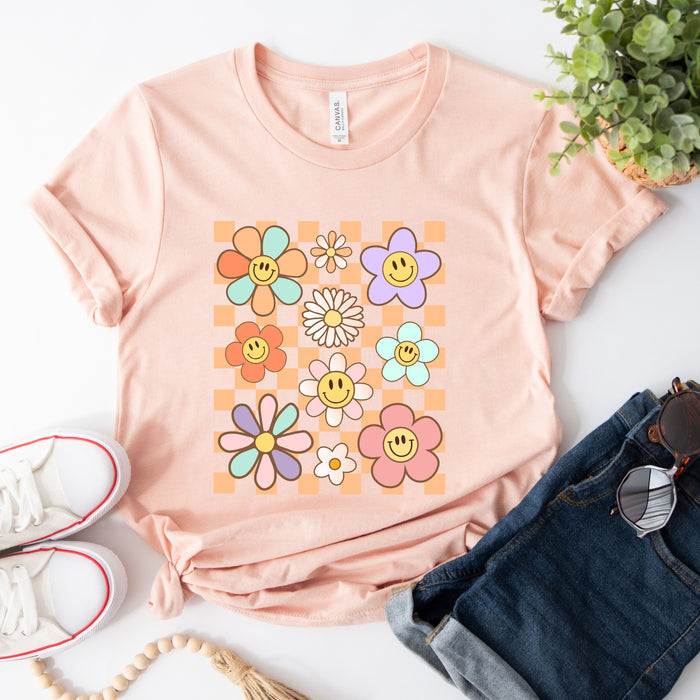 Retro Checkered Flower Garden T-Shirt