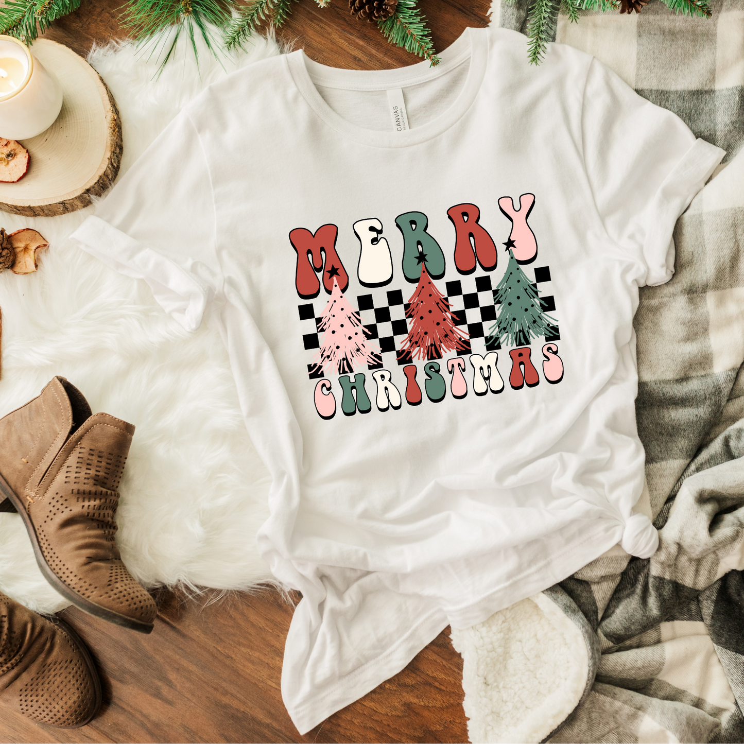 Merry Christmas Retro Checkered  T-Shirt