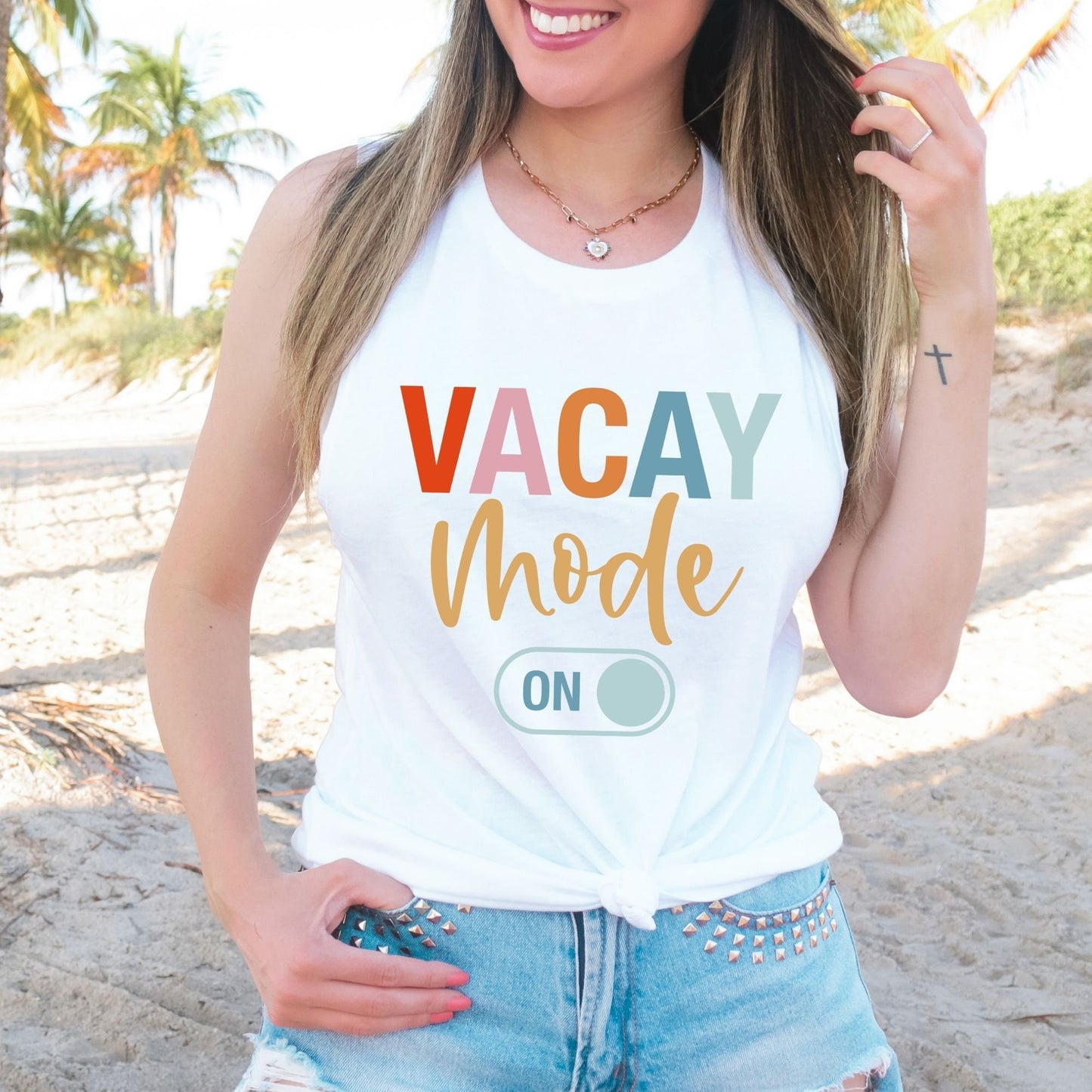 Vacay Mode On Vacation Tank Top, Summer Shirt, Summer Clothing for Women, Beach Shirt, Road Trip Shirt, Summer Holiday Racerback Tank