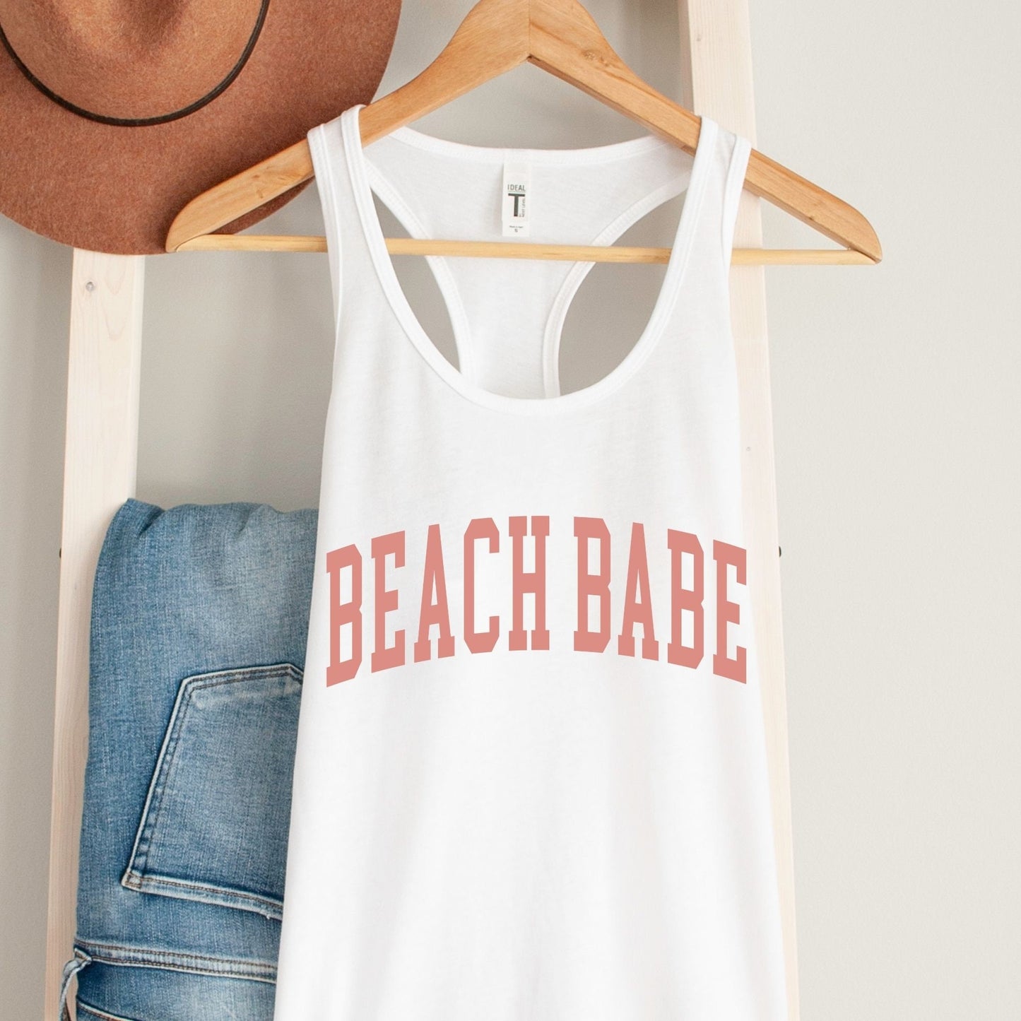 Beach Babe Varsity Tank Top, Summer Shirt, Summer Clothing for Women, Beach Trip Shirt, Oversized Tshirt, Summer Holiday Racerback Tank