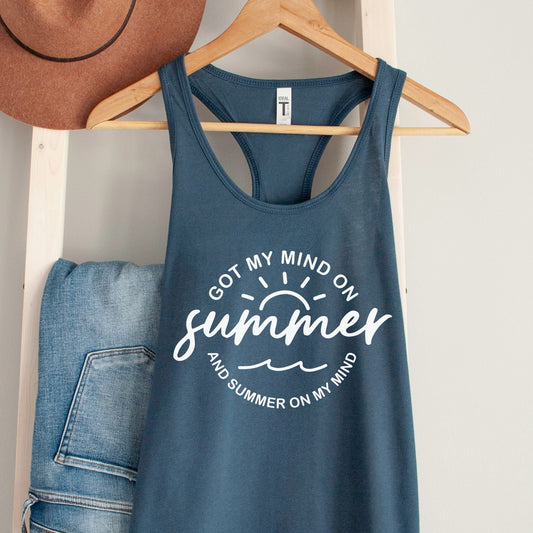 Funny Summer Shirt, Summer On My Mind Tank Top, Summer Clothing for Women, Beach Shirt, Road Trip Shirt, Summer Racerback Tank